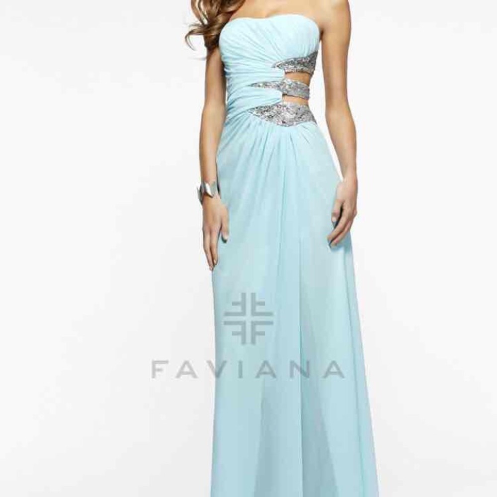 Faviana Light Blue Strapless Evening Gown with Silver Accents